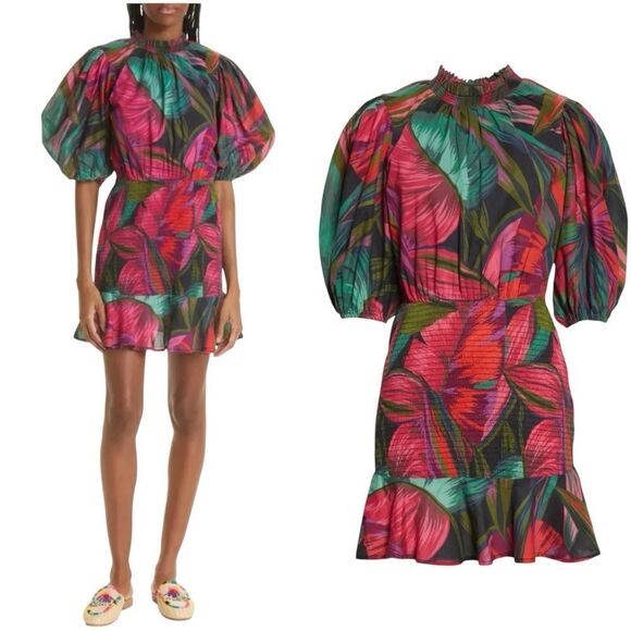 FARM Rio Midnight Leaves Smocked Puff Sleeve Dress - Picture 1 of 14